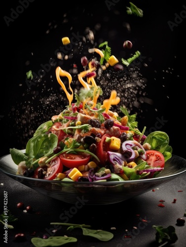 Fresh salad with vegetables on a dark background. Toned. floating ingredients. generative AI