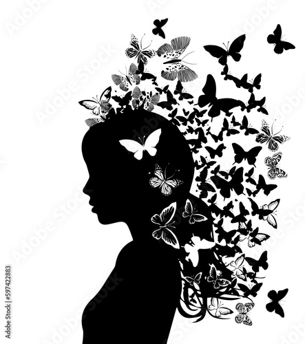 Silhouette girl with butterflies silhouettes. Vector illustration photo