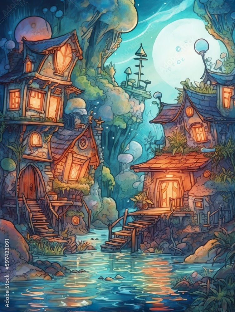 Watercolour fantasy village