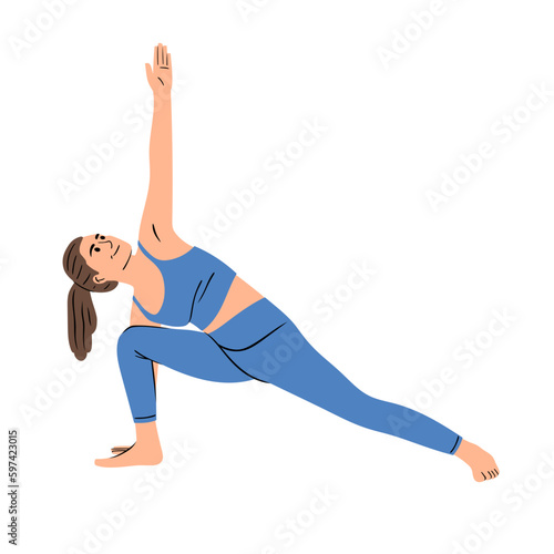 Femme qui fait une posture de yoga en tenue bleu