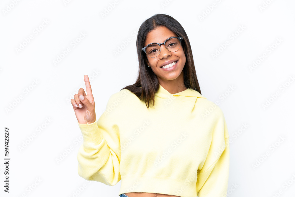 Young African american woman isolated on white background showing and lifting a finger in sign of the best Young African american woman isolated on white background showing and lifting a finger in sign of the best