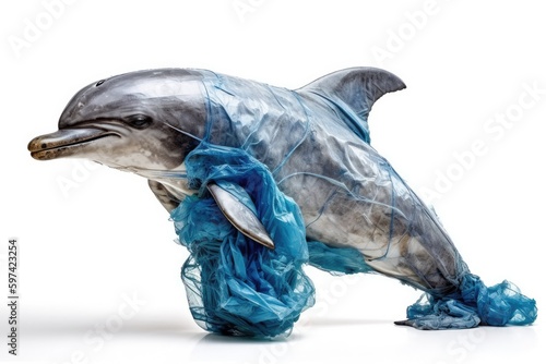 dolphin wrapped in plastic bag isolated on white background, plastic pollution concept. generative AI photo