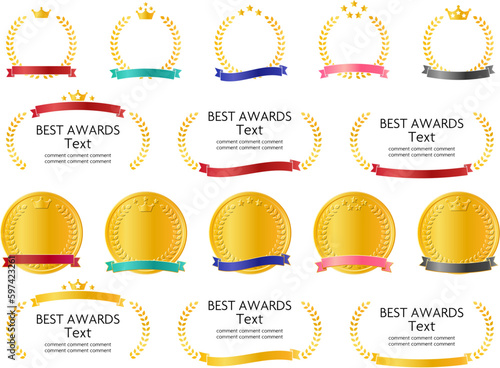 王冠と月桂冠のランキング・受賞メダルのアイコンパーツ、カラフルなリボンセット