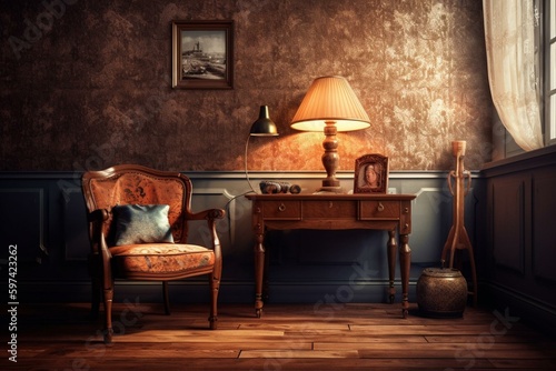 Stylish room with antique-style chair, table, and lamp. 3D generated background. Generative AI