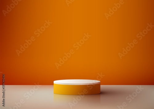 3D realistic empty orange and white podium platform on orange color background minimal style