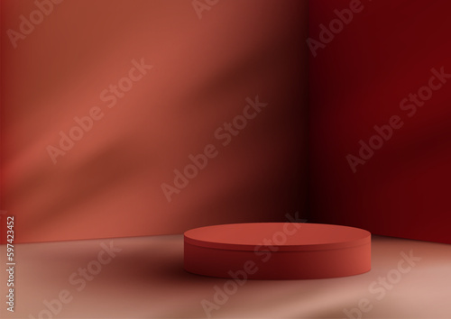 3D realistic empty red podium platform stand minimal wall scene on red background with natural light