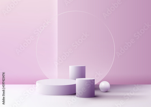 3D realistic empty studio room group of purple cylinder podium stand geometric and circle transparent glass backdrop