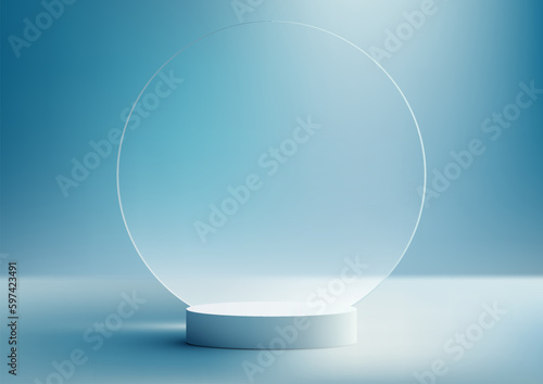 3D realistic white podium stand with circle transparent glass backdrop and natural light on minimal wall scene blue background