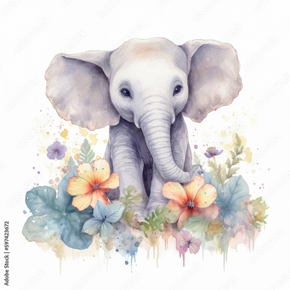 Painting of a cute baby elephant with spring colorful flowers watercolors Generative AI Illustration