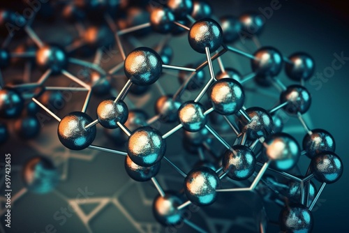 An abstract molecular structure featuring chemical elements with a geometric background of hexagons. Ideal for medical, science, and technology concepts. Generative AI