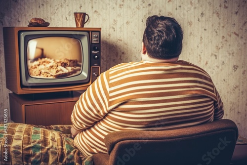 An obese man sitting on the couch watching television sedentary bad health habits Generative AI Illustration photo