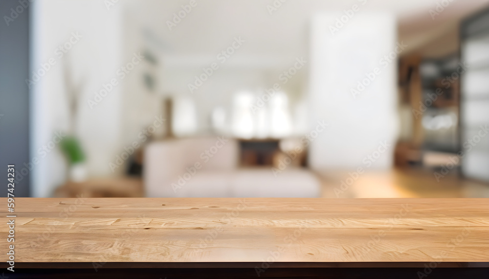 Empty wooden tabletop with blurred living room background wallpaper, Wood table with blurred modern apartment interior background, Empty wooden tabletop with blurred living room background wallpaper, Wood table with blurred modern apartment interior background,