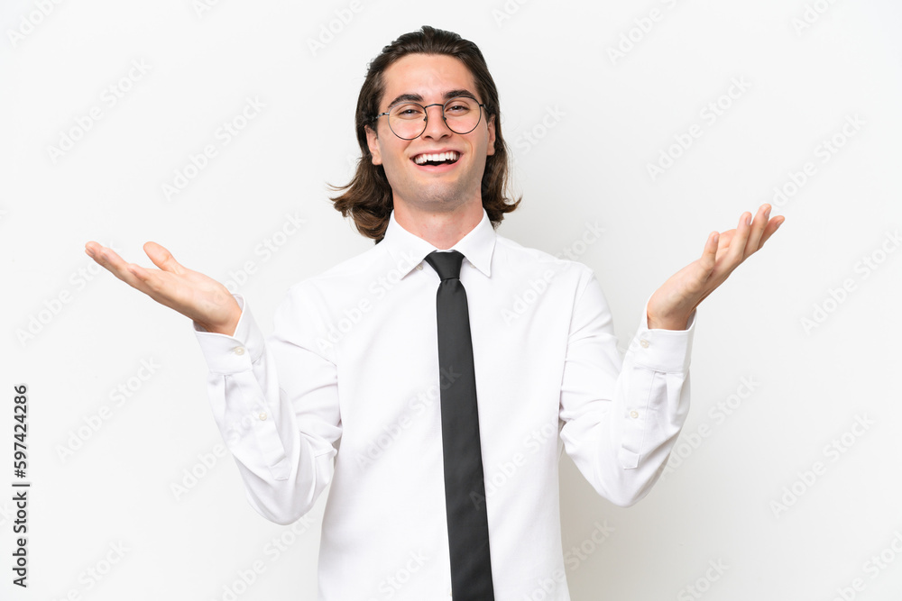 Business handsome man isolated on white background with shocked facial expression Business handsome man isolated on white background with shocked facial expression