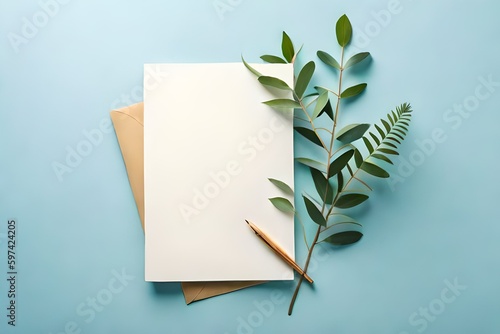 blank notebook and natural eucalyptus twigs isolated on pastel blue background with copy space