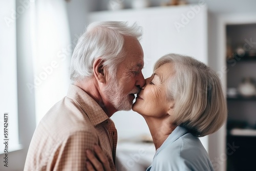 shot of an unrecognizable woman giving her husband a kiss on the forehead at home, generative ai