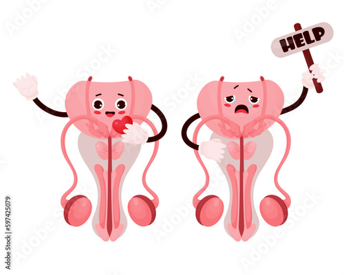 Cute cartoon character male reproductive organ with different emotions. Happy and sad and asks for help. Vector illustration. Concept health and disease, pain. Isolated on white background.