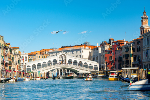 Stunning view of the Grand Canal of Venice, view of the Lagoon near The Rialto bridge in a sunny weather with clear sky, Italy © Lizaveta