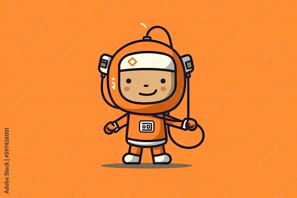 cartoon character playing with a balloon on a vibrant orange background. Generative AI cartoon character playing with a balloon on a vibrant orange background. Generative AI