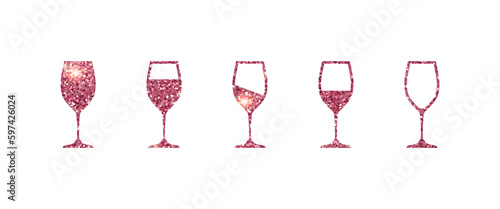 Five sparkling glasses of wine in pink glitter texture. Illustration for decorative print design, celebration concept. Vector