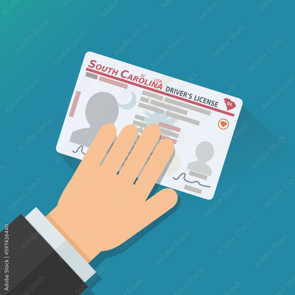A hand shows a driver's license from the US state of South Carolina (flat design) A hand shows a driver's license from the US state of South Carolina (flat design)