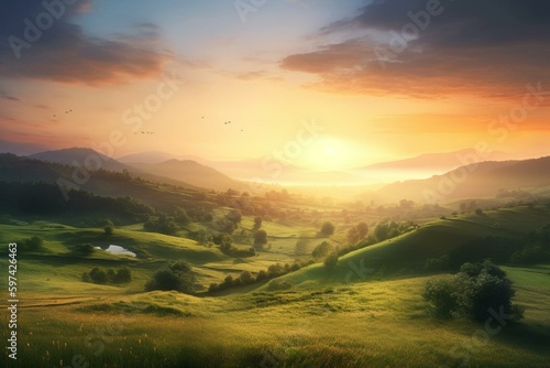 Illustration of dawn over countryside with fields and hills. Generative AI