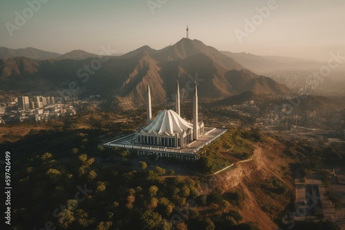Aerial view of Shah Faisal Mosque in Islamabad, Pakistan, on the foothills of Margalla Hills. Largest mosque in Islamic architecture. Generative AI