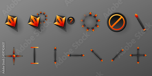 Abstract black and orange color custom gaming mouse cursor navigation pointer gui icons set