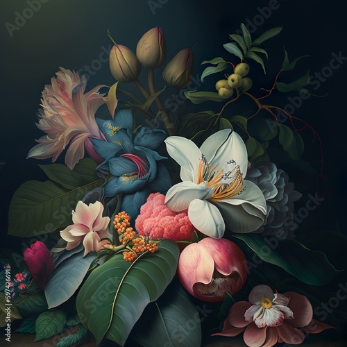 Magic tropical flowers reminiscent of a 17th-century Dutch still life. The flowers are depicted in detail. Generative AI