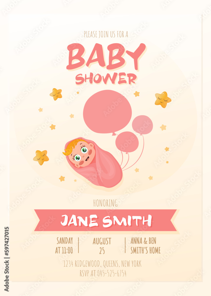 Cute  baby girl. Happy child. Vector illustration isolated on white background. Baby shower welcome greeting card.	