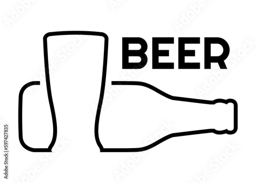 Logo cervecería. Botella de cerveza y vaso con línea contínua con palabra Beer