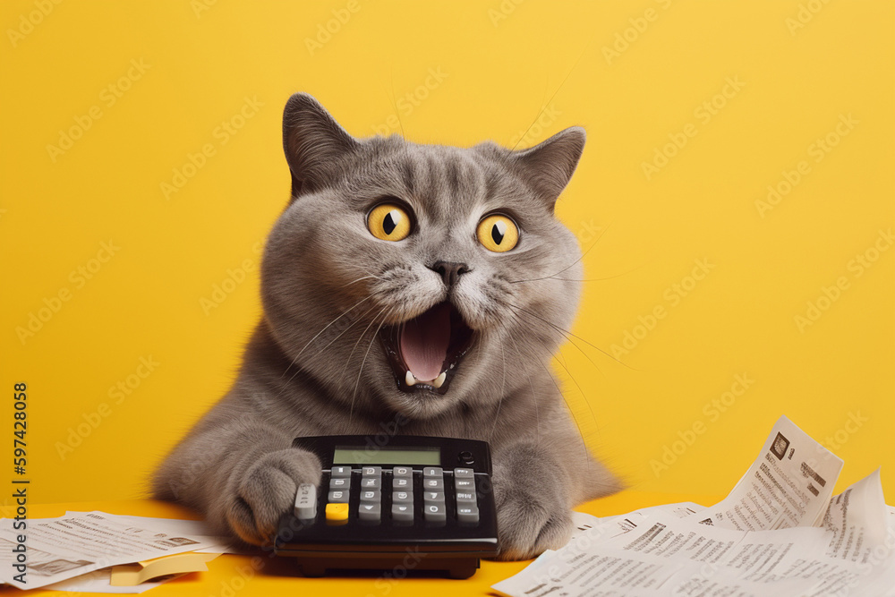 cat accountant, a cat with a calculator and bills, created by a neural network, Generative AI technology - obrazy, fototapety, plakaty 