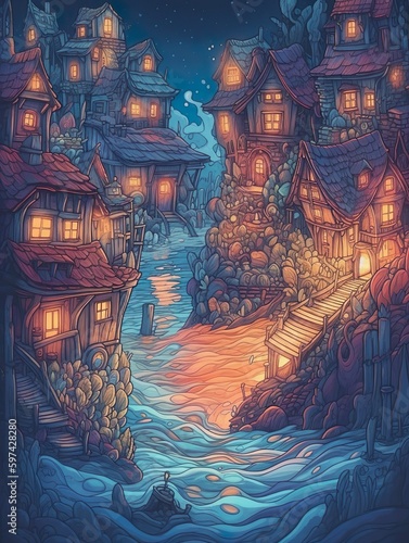 Fantasy village at the lake by night