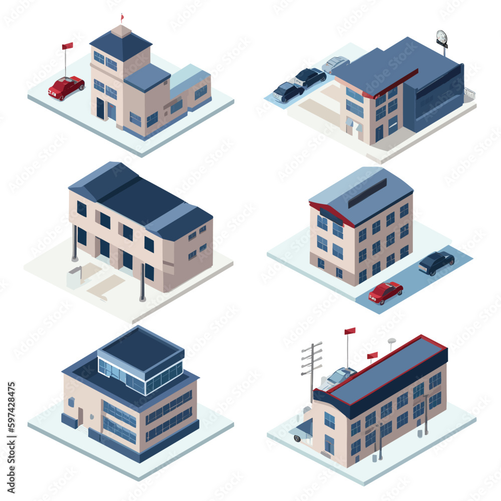 Set of vector isometric police department buildings isolated on white background