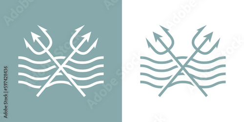 Logo Nautical. Silueta lineal de tridentes de Neptuno cruzados con olas de mar