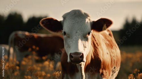 Portrait of a farm cow in a field