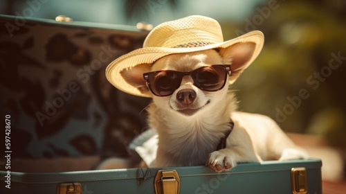 a small chihuahua dog in a hat and sunglasses sits in a suitcase