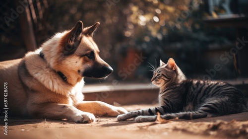 a German shepherd with a cat is sitting in the yard near the house