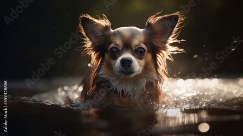 a small dog swims in the water