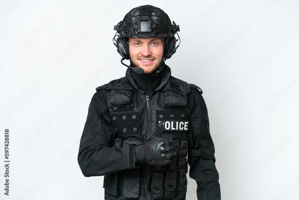 SWAT man over isolated white background giving a thumbs up gesture