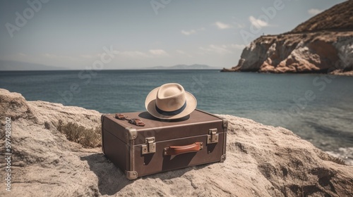  suitcase with a hat lies on a stone near the sea