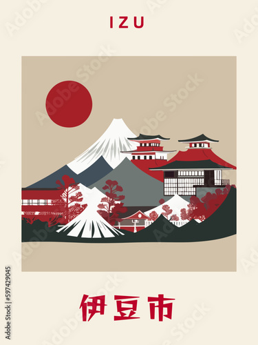 Izu: Japanisches Vintage Poster mit einer Illustration und dem Stadtnamen Izu in der Präfektur Shizuoka