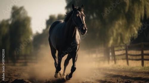 a black horse gallops at sunset