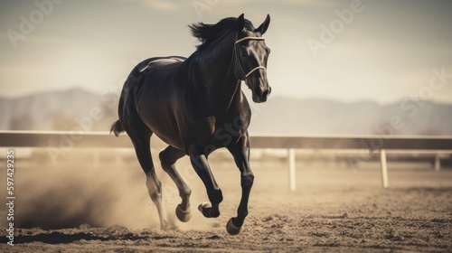 a black horse gallops in a field