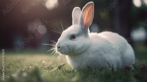 close up of a white fluffy rabbit on the grass