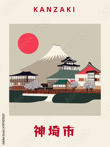 Kanzaki: Japanisches Vintage Poster mit einer Illustration und dem Stadtnamen Kanzaki in der Präfektur Saga