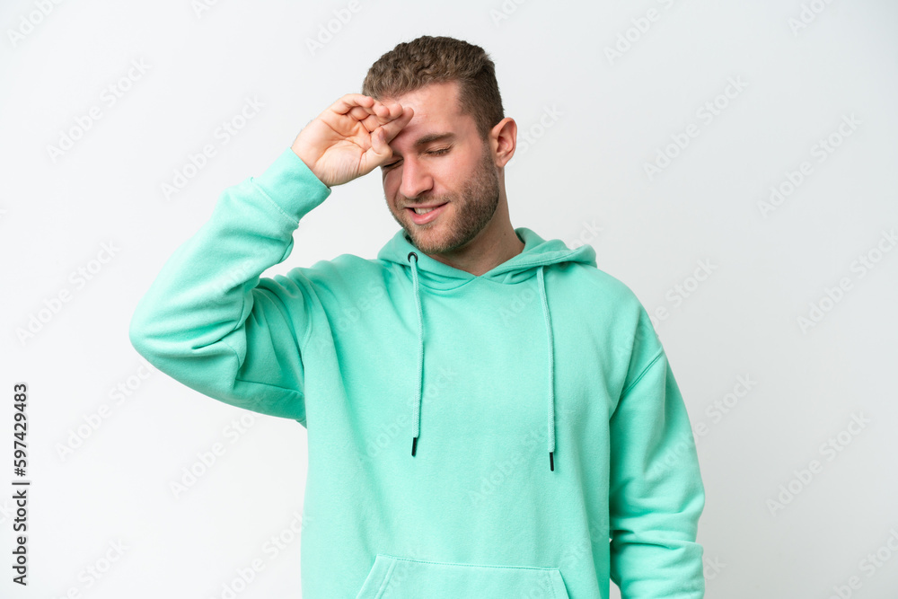 Young handsome caucasian man isolated on white background with tired and sick expression Young handsome caucasian man isolated on white background with tired and sick expression