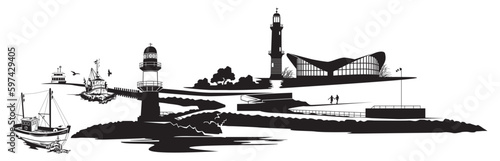 Illustration von Warnemünde Skyline mit Mole, Leuchtturm und Teepott