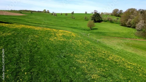 Wide view of green countryside landscape with rolling hills and meadow, peaceful rural nature scene with copy space