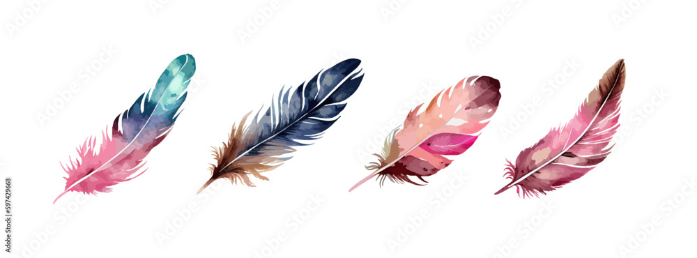 Colorful bird feather watercolor set isolated on white background. Vintage boho decorative elements vector illustration