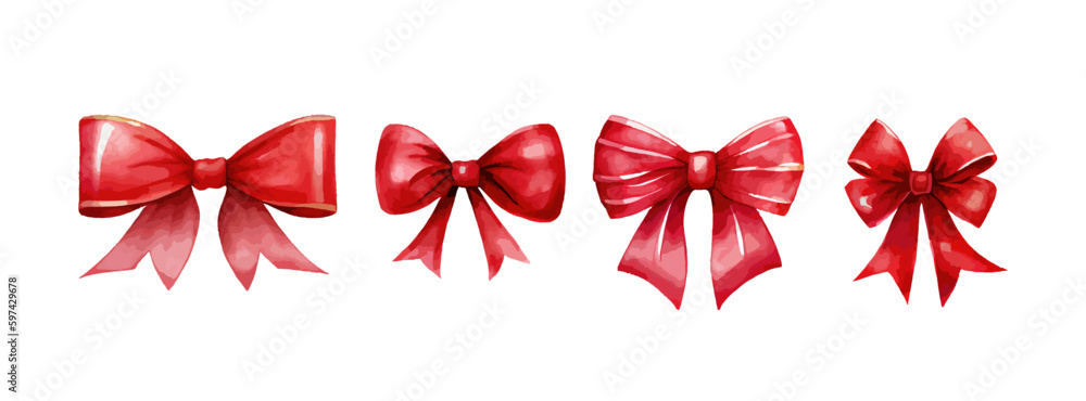 Set of red bow watercolor isolated on white background. Gift decor bow ribbon collection. Vector illustration